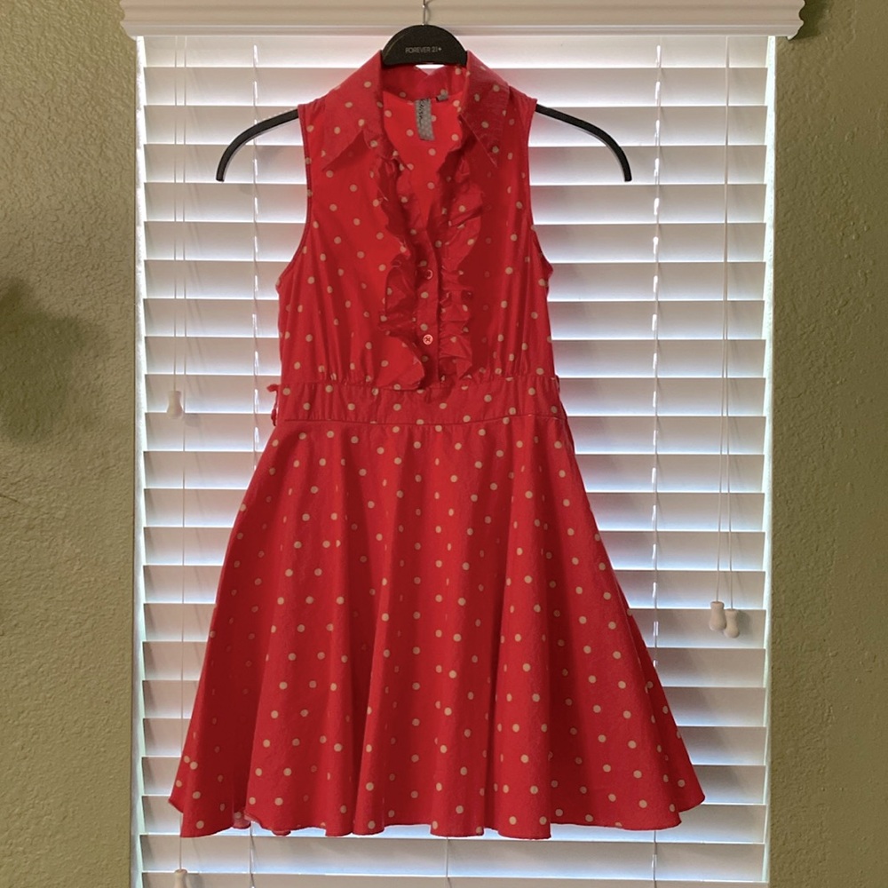 Coral color Polka Dot Summer Dress. Size M